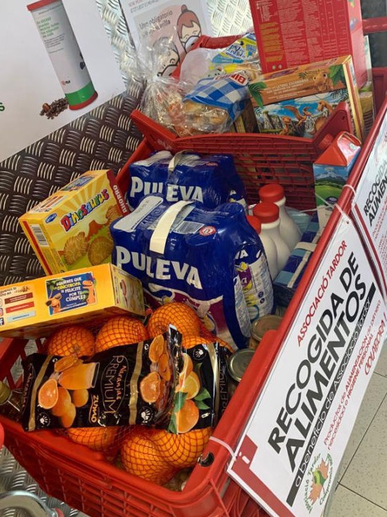Trolley full of donated foodstuffs at a local supermarket